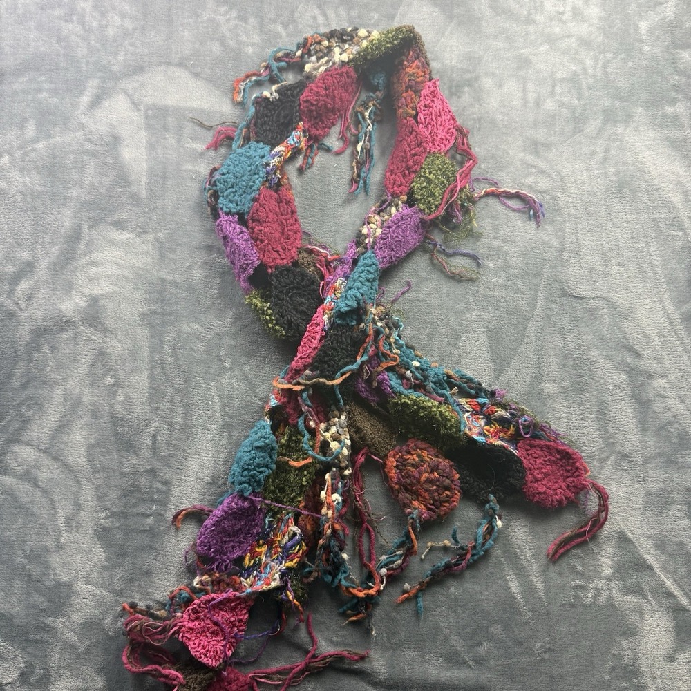 BKE Multicolor Patchwork Knit Scarf One Size Boho Fringe Textured Art to Wear